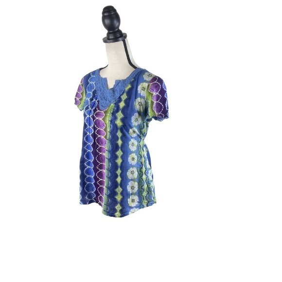 Short Sleeve Tie Dye Floral Multicolor Tie Back Tunic Top Artsy Size Small - Picture 2 of 7